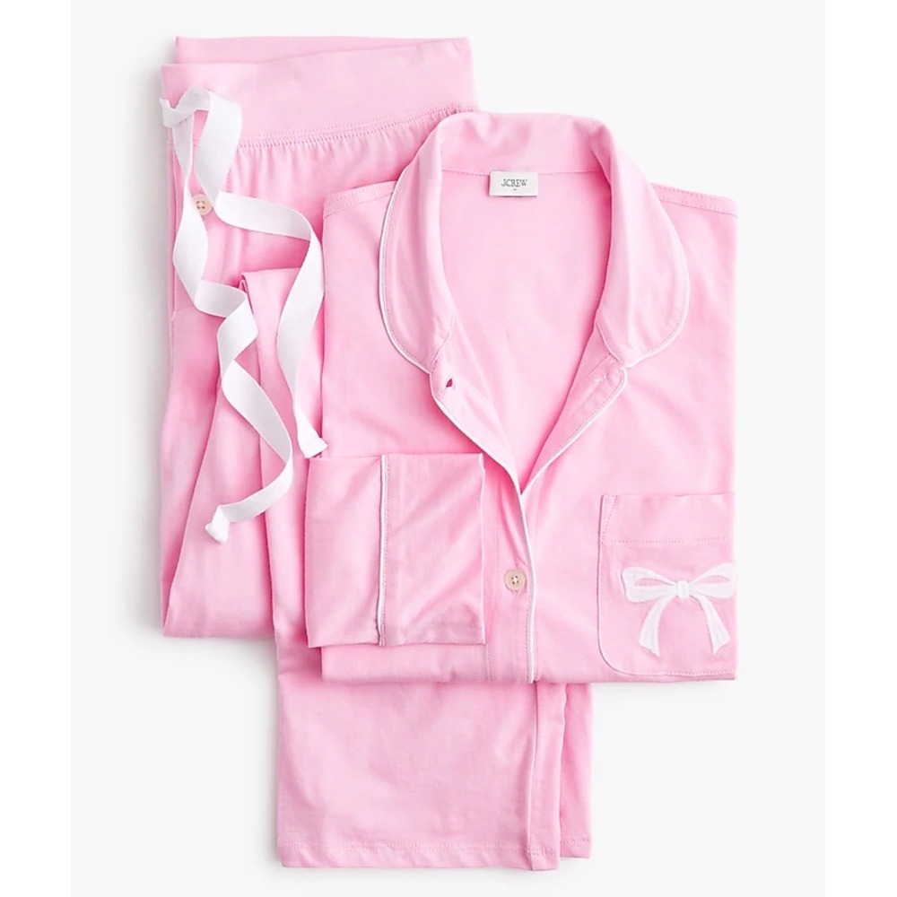 J.Crew Womens Pink Cotton Pajama Set Bow Embroidery Peter Pan Collar LP